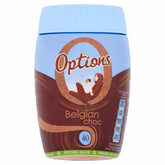 A 395g jar of Options Belgian Choc hot chocolate powder, with a blue lid and brown label, features luxury cocoa nutrition details and a silhouette of a woman holding a cup.
